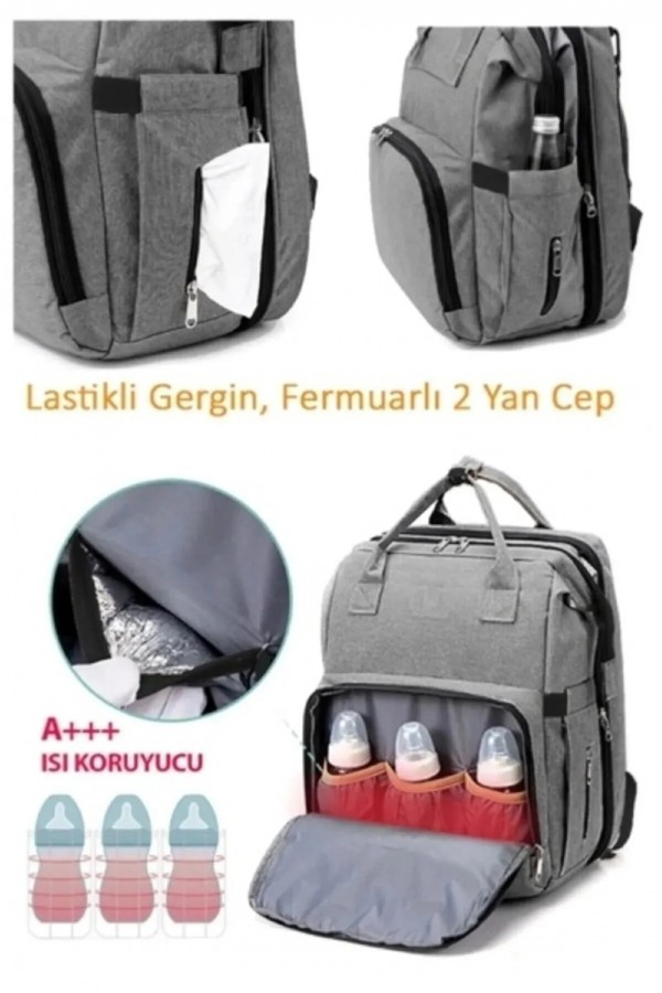 Açılabilir Yataklı Puset Askılı Termal Biberonluk Bölmeli Su Geçirmez Bebek Bakım Çantası Baby Bag